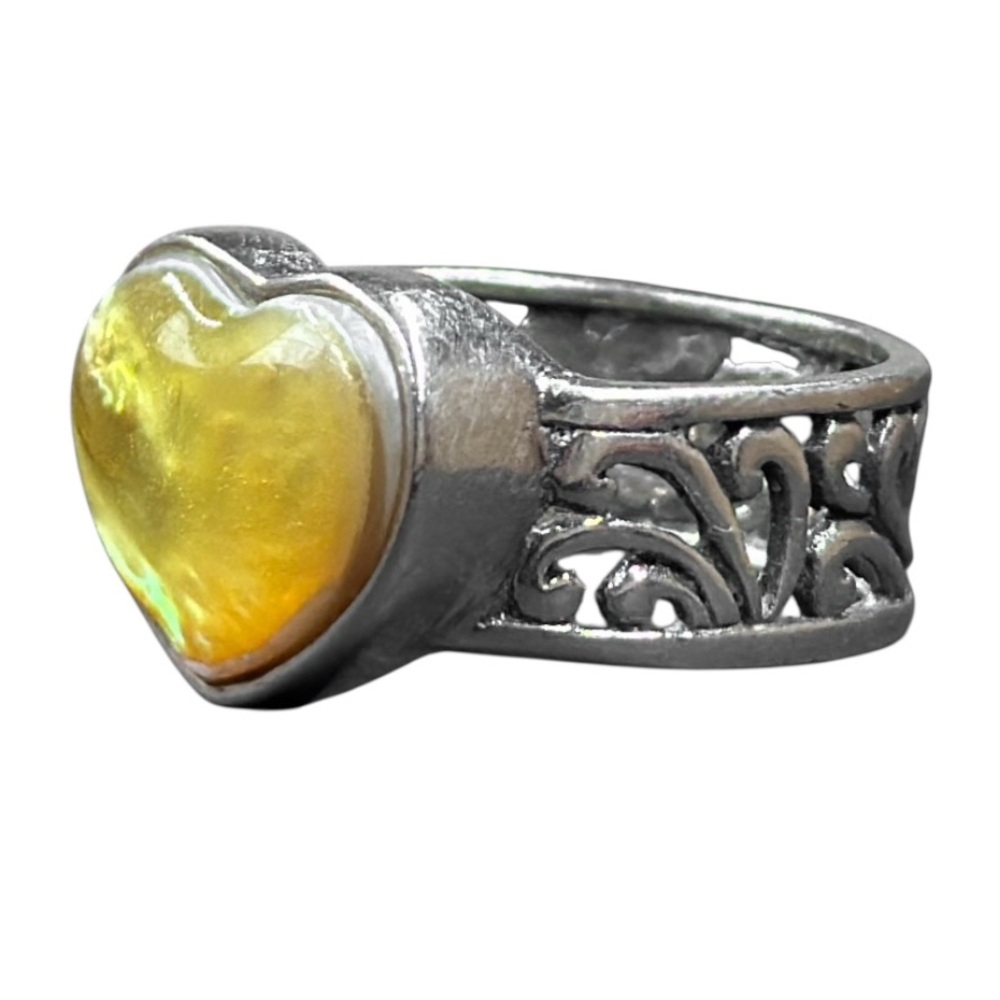Sterling Yellow Heart Shaped Stone Ring with Scrollwork Wide Band 925 CFJ Thai